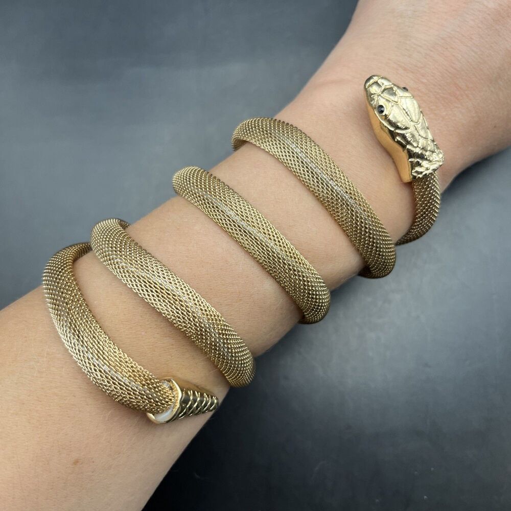 Flexible Mesh Wrap Snake Bracelet Gold Tone Wraparound Statement Vintage
